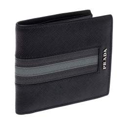 Prada Black/Grey Saffiano Leather Stripe Bi-Fold Wallet 
