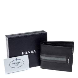Prada Black/Grey Saffiano Leather Stripe Bi-Fold Wallet 