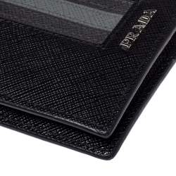Prada Black/Grey Saffiano Leather Stripe Bi-Fold Wallet 