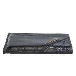 Pre Owned Prada Black/Navy Blue Saffiano Leather and Crocodile Card Holder