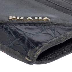 Pre Owned Prada Black/Navy Blue Saffiano Leather and Crocodile Card Holder
