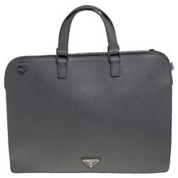 Prada Grey Saffiano Lux Leather Travel Briefcase 