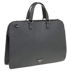 Prada Grey Saffiano Lux Leather Travel Briefcase 