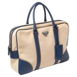 Prada Blue/Beige Canvas and Saffiano Leather Briefcase