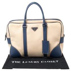Prada Blue/Beige Canvas and Saffiano Leather Briefcase