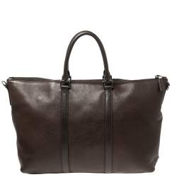 Prada Dark Brown Leather Top Zip Weekender Bag
