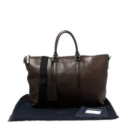 Prada Dark Brown Leather Top Zip Weekender Bag