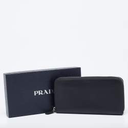 Pre Owned Prada Black Saffiano Leather Travel Zip Around Wallet