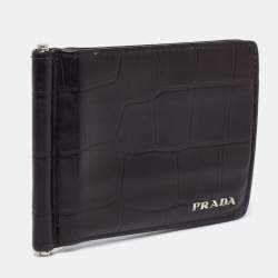 Prada Black Croc Embossed Leather Money Clip Bifold Wallet