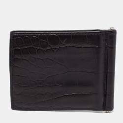 Prada Black Croc Embossed Leather Money Clip Bifold Wallet