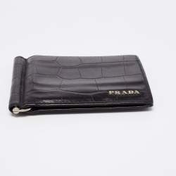 Prada Black Croc Embossed Leather Money Clip Bifold Wallet