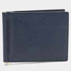 Pre Owned Prada Navy Blue Saffiano Leather Money Clip Bifold Wallet