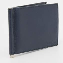 Pre Owned Prada Navy Blue Saffiano Leather Money Clip Bifold Wallet