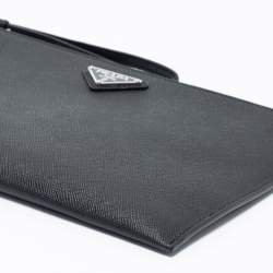 Pre Owned Prada Black Saffiano Leather Wristlet Pouch