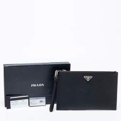 Pre Owned Prada Black Saffiano Leather Wristlet Pouch