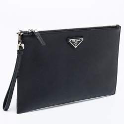 Pre Owned Prada Black Saffiano Leather Wristlet Pouch