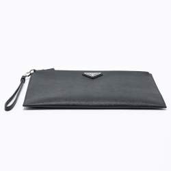 Pre Owned Prada Black Saffiano Leather Wristlet Pouch