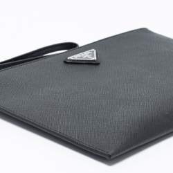 Pre Owned Prada Black Saffiano Leather Wristlet Pouch