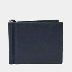 Pre Owned Prada Navy Blue Saffiano Leather Money Clip Bifold Wallet