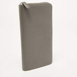 Prada Grey Saffiano Leather Organizer Zip Clutch