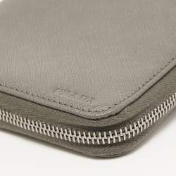 Prada Grey Saffiano Leather Organizer Zip Clutch