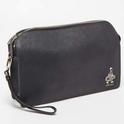 Prada Black Saffiano Lux Leather Porter Logo Wristlet Clutch
