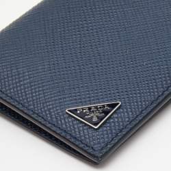 Prada Navy Blue Saffiano Metal Leather Vertical Bifold Wallet