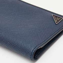 Prada Navy Blue Saffiano Metal Leather Vertical Bifold Wallet