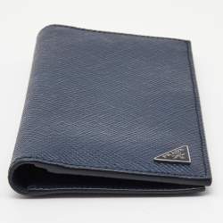 Prada Navy Blue Saffiano Metal Leather Vertical Bifold Wallet