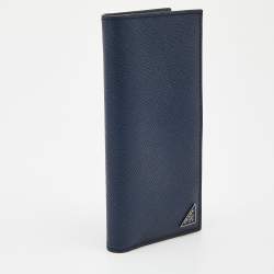Prada Navy Blue Saffiano Metal Leather Vertical Bifold Wallet