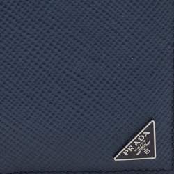 Prada Navy Blue Saffiano Metal Leather Vertical Bifold Wallet