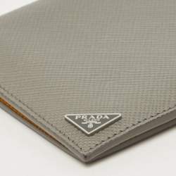 Prada Grey Saffiano Cuir Leather Triangle Logo Bifold Card Case