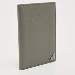 Prada Grey Saffiano Cuir Leather Triangle Logo Bifold Card Case