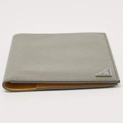 Prada Grey Saffiano Cuir Leather Triangle Logo Bifold Card Case