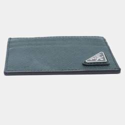 Prada Green Saffiano Metal Leather Triangular Logo Card Holder   