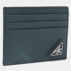 Prada Green Saffiano Metal Leather Triangular Logo Card Holder   