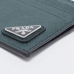 Prada Green Saffiano Metal Leather Triangular Logo Card Holder   