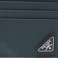 Prada Green Saffiano Metal Leather Triangular Logo Card Holder   