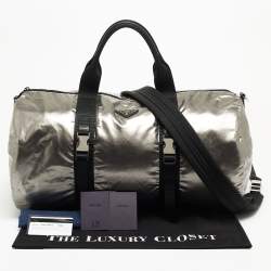 Prada Black/Metallic Grey Tessuto Metal Duffel Bag