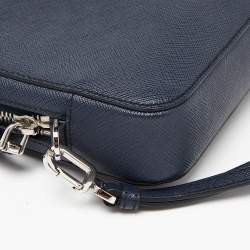 Pre Owned Prada Navy Blue Saffiano Leather Zip Wristlet Pouch