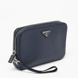 Pre Owned Prada Navy Blue Saffiano Leather Zip Wristlet Pouch
