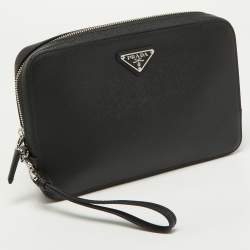 Prada Black Saffiano Leather Wristlet Zip Pouch