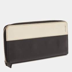Prada Black/Ivory Saffiano Lux Leather Zip Around Organizer