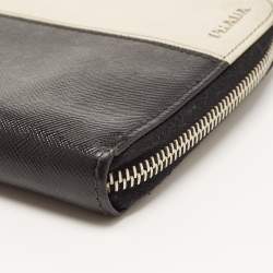 Prada Black/Ivory Saffiano Lux Leather Zip Around Organizer