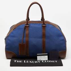 Prada Blue/Brown Canvas and Leather Weekender Bag