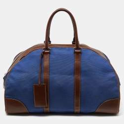 Prada Blue/Brown Canvas and Leather Weekender Bag