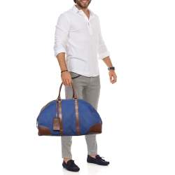 Prada Blue/Brown Canvas and Leather Weekender Bag