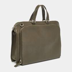 Prada Olive Green Saffiano Lux Leather Front Pocket Briefcase Bag