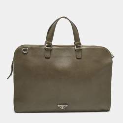 Prada Olive Green Saffiano Lux Leather Front Pocket Briefcase Bag