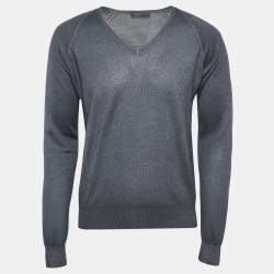 Prada Grey Wool Blend Knit V-Neck Sweater L